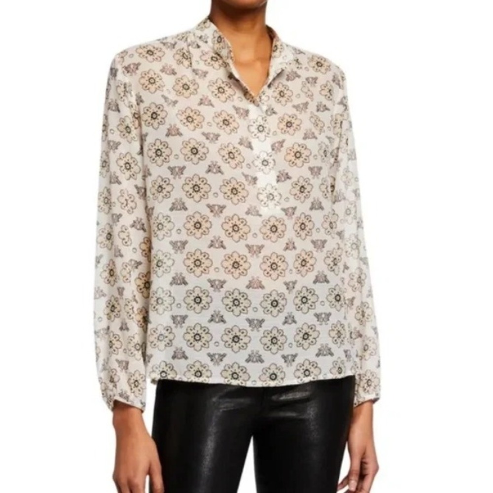A.L.C. Meghan Floral Printed Slit Cuff Top Cream Women Size 4 Casual Office